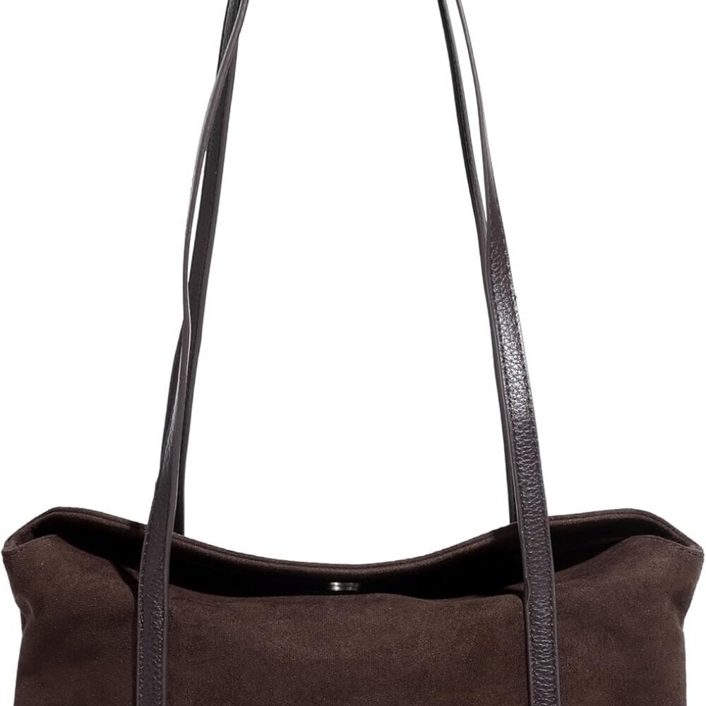 Women's Faux Suede Hobo Tote Shoulder Bag Dark Brown Compact Spacious